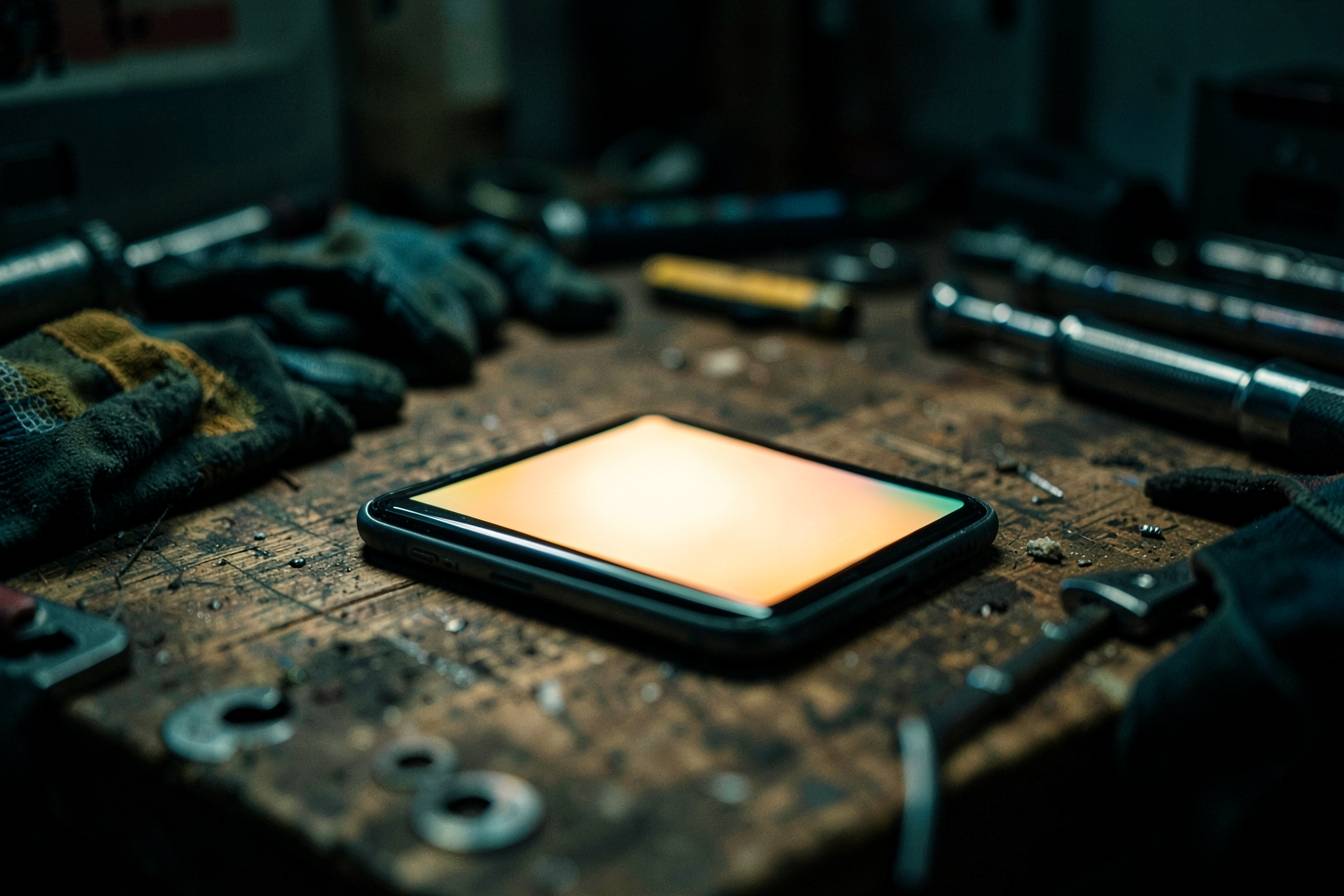 A phone lighting up on a cluttered workbench while nobody is there to answer it
