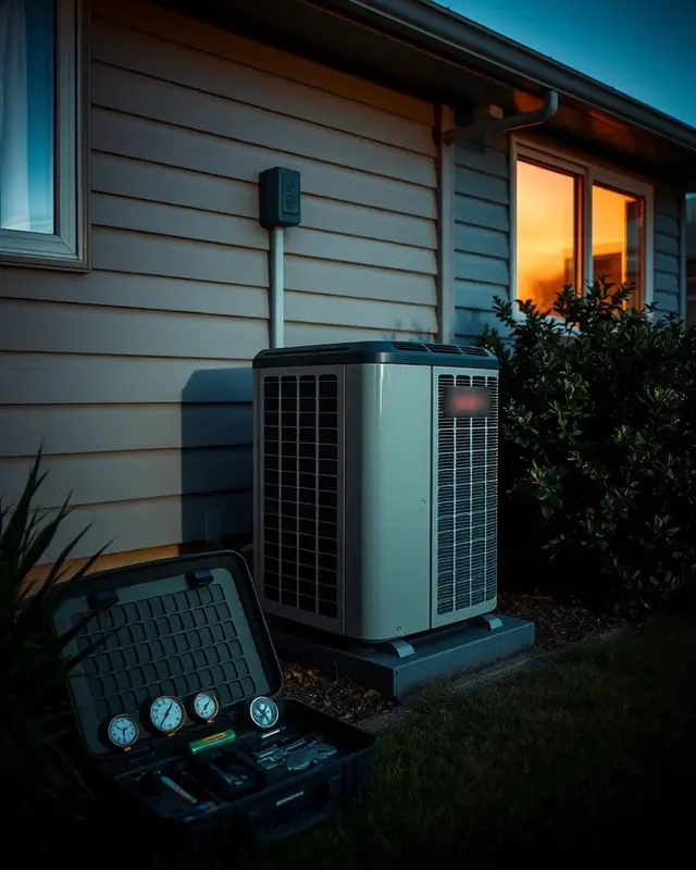 An air conditioning unit beside a house at dusk with a technician gauge case