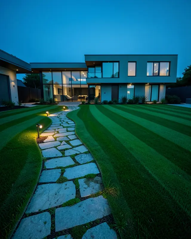 A freshly striped lawn and stone path in front of a modern home at blue hour