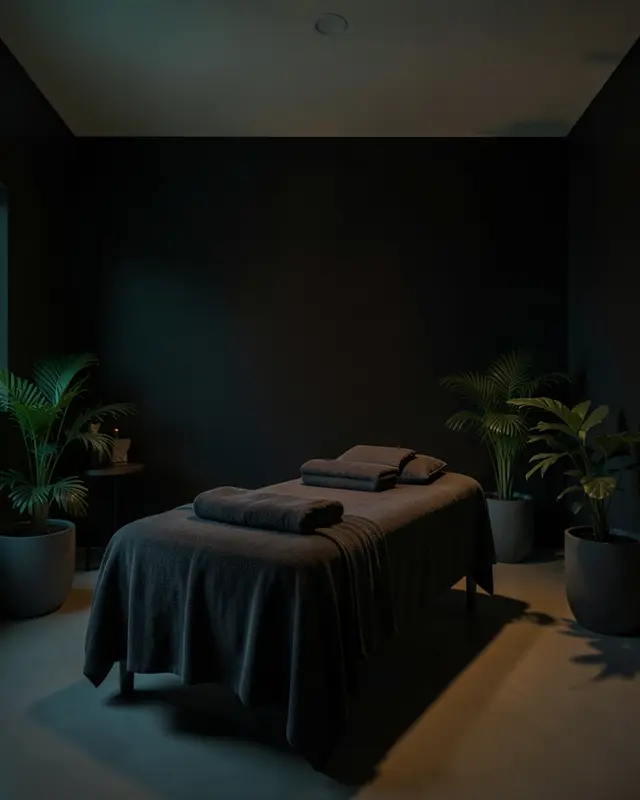 A calm, dimly lit spa treatment room